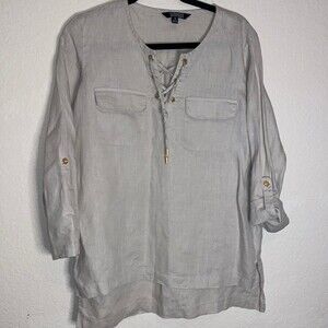Ellen Tracy linen blouse shirt quarter sleeve oversize baggy tie lagen cottage